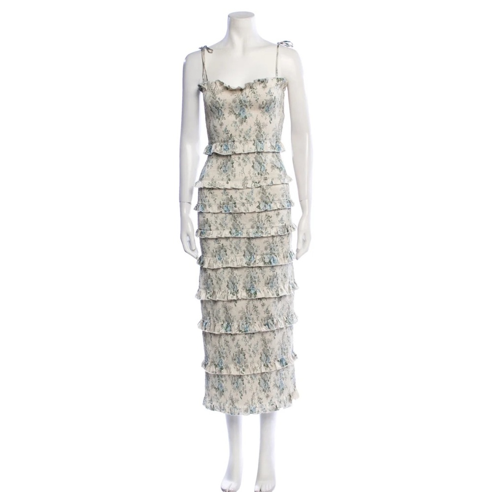 V. Chapman Blue and Cream Ruffle Midi Dress